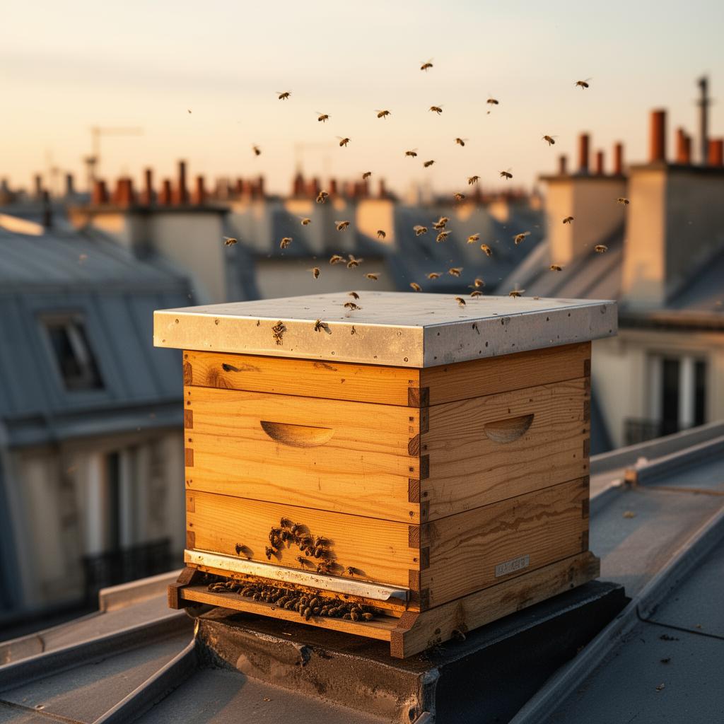 Ruche urbaine sur un toit parisien au coucher du soleil